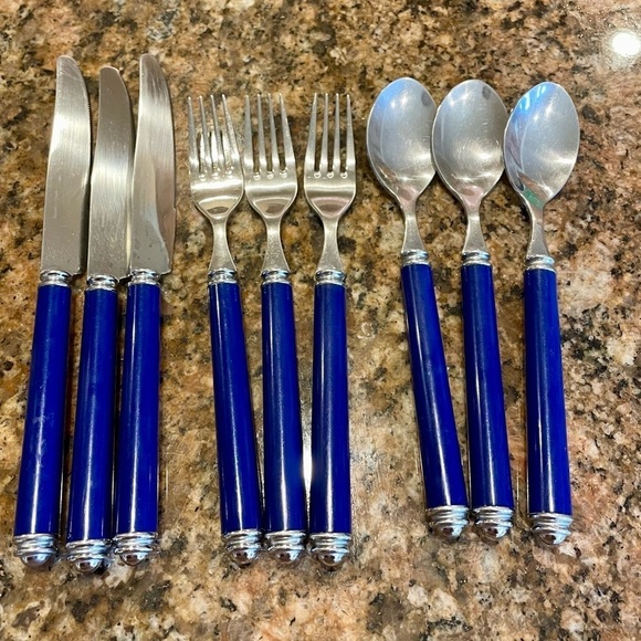 Vintage MCM Cobalt Blue Stainless Flatware 9 Pieces, 3 Place Settings of 3 (KFS) - Picture 1 of 8